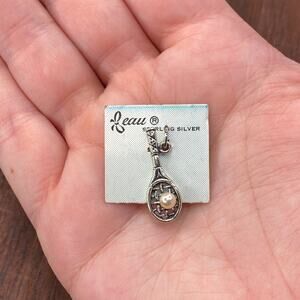 Vintage Beau 925 Sterling Silver Tennis Racket Pearl Ball Pendant Bracelet Charm
